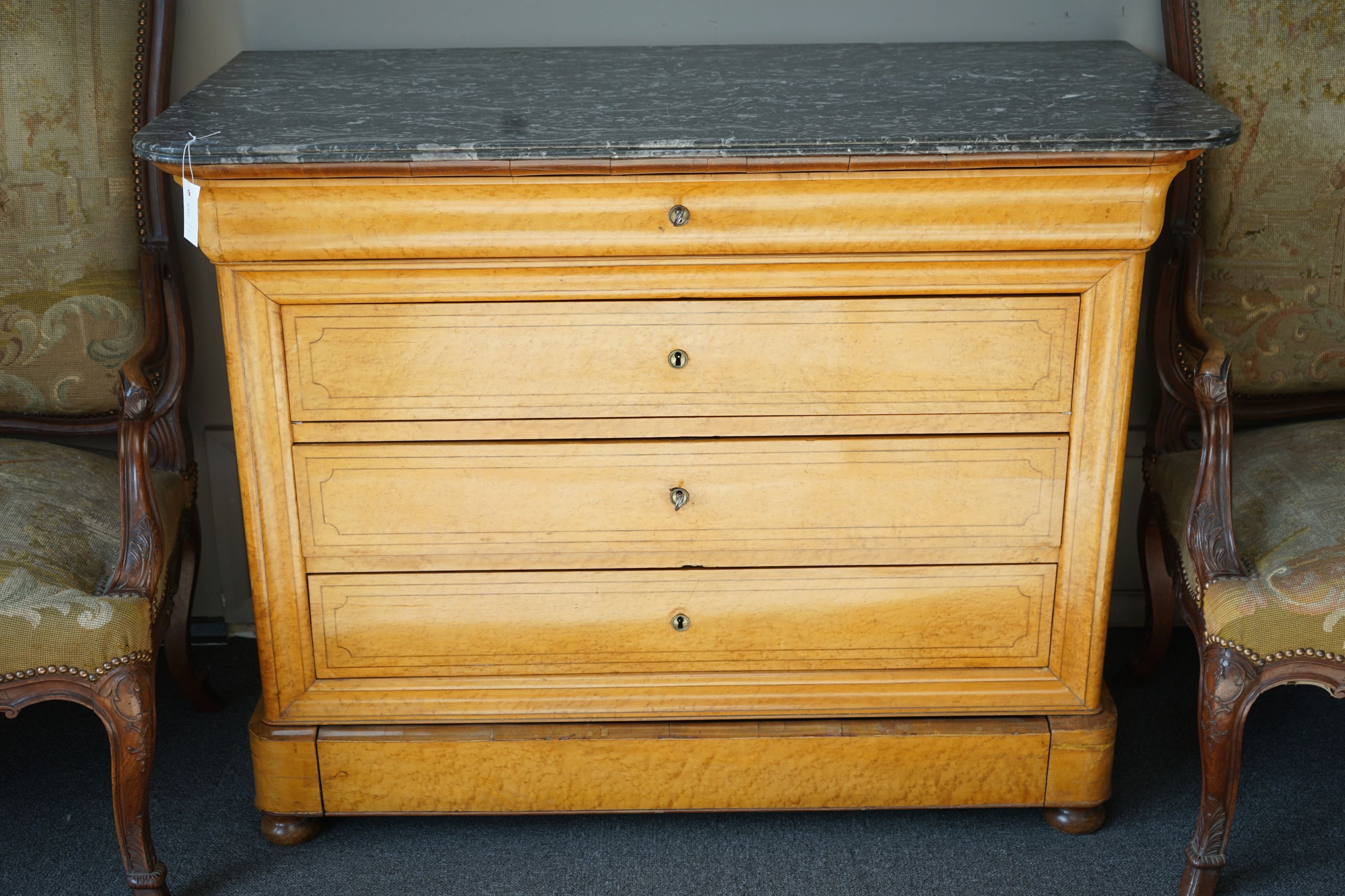 A 19th century French maple marble top commode, width 126cm, depth 61cm, height 96cm